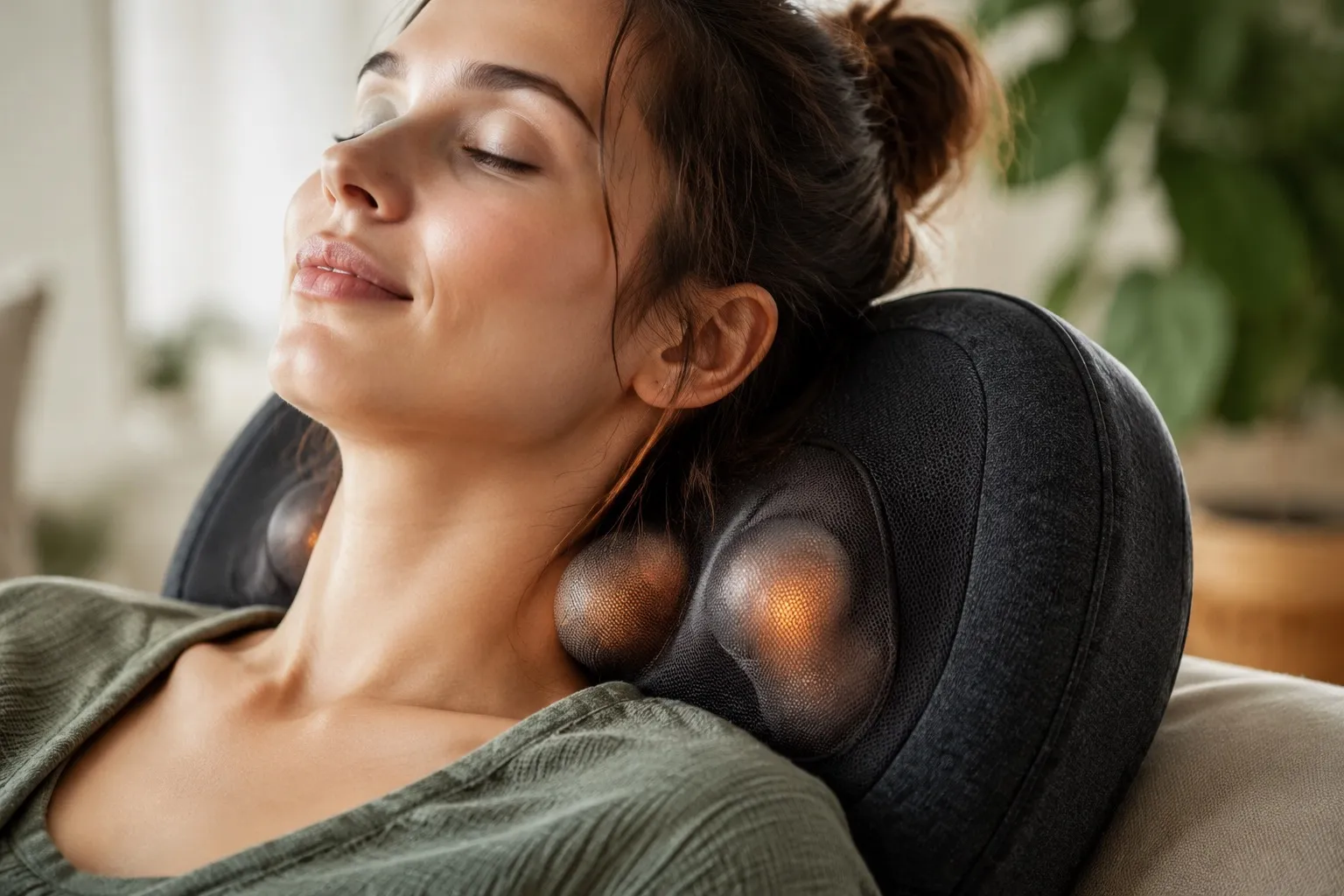 Shiatsu-Massagekissen mit beheizten Massageköpfen am Nacken einer entspannten Frau